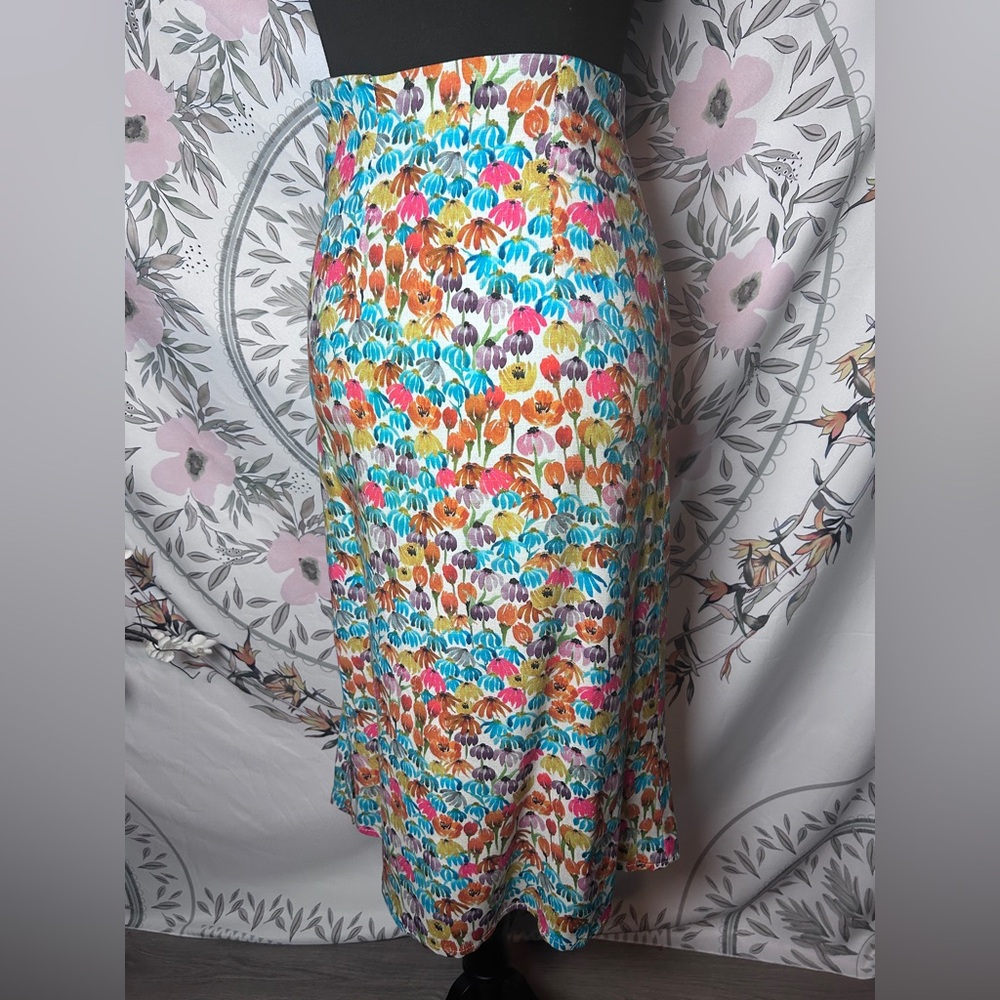 Colorful Retro Floral Midi Skirt 70s Inspired High Waist XS
